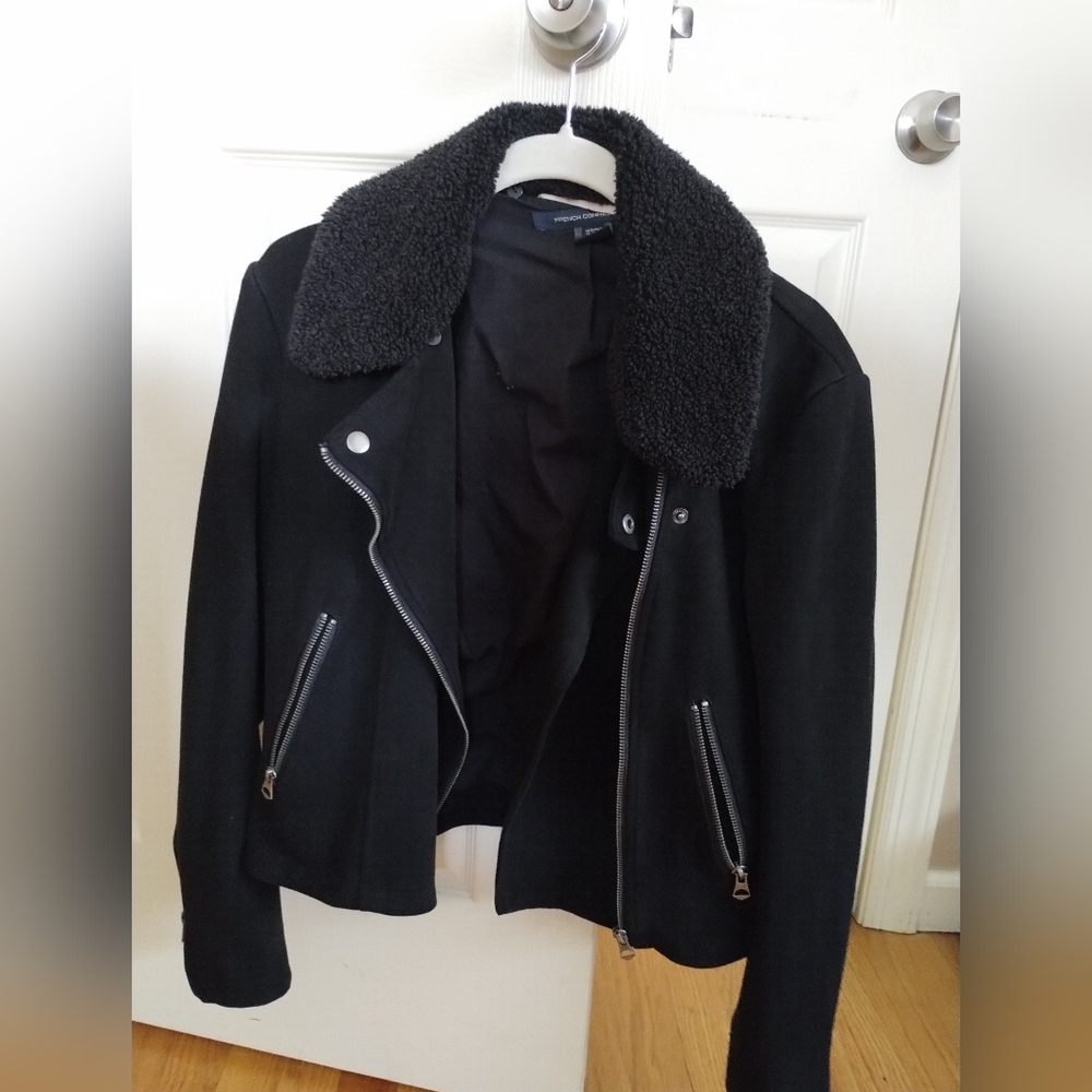 French Connection Black Jacket with Faux Shearling Collar Medium